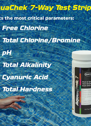 AquaChek 7-Way Pool and Spa Test Strips - Silver Pool Test Strips For pH, Total Chlorine, Free Chlorine, Bromine, Alkalinity, Total Hardness, and Cyanuric Acid - Water Quality Testing Kit (100 Strips)