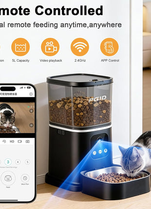 Automatic Cat Feeder with 4K Camera,2.4G Auto Dog Feeder w Night Vision,Pet Feeder w2-Way Audio,Timed Cat Feeders for Dry Food,Dogs Food Dispenser w APP Control 5L