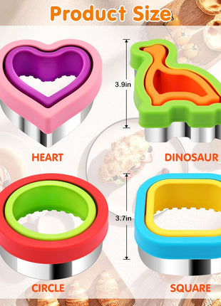 HINZER Sandwich Cutter and Sealer Set 4 Pcs Bread Decruster Sandwich Cutter Pancake Maker Heart Square Circle Dinosaur Shape DIY Cookie Cutters Gift for Kids Adult Boys Girls