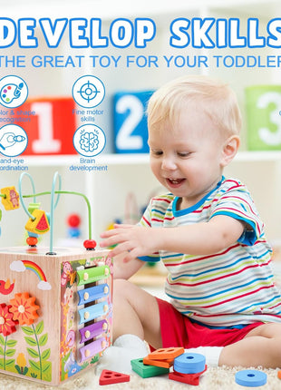 Wooden Activity Cube | Montessori Toys for 1 2 3 Year Old Toddler Gifts | One Year Old 1st First Birthday Gift | Educational Toys for 12+ Months Baby Boys Girls | Bonus Sorting & Stacking Game (Blue)