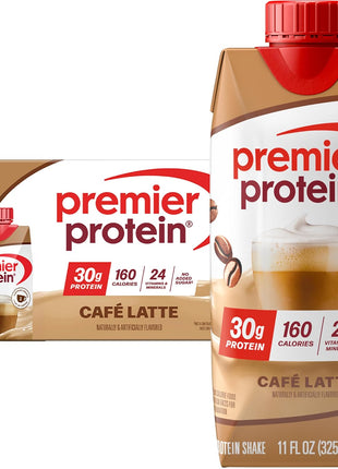 Premier Protein +Energy 30g High Protein Shake , Café Latte, 12 Pack | Caffeinated, 160 Calories, 24 Vitamins & Minerals, No Added Sugar, Supports Muscle Health, Gluten-Free, 11 oz