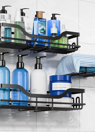 OMAIRA 3-Pack Shower Caddy with Soap Holder, Adhesive Rustproof No-drill Strudy Loading Inside Shower Organizer Shelves Rack Storage Bathroom Organization for Smooth Wall Glass Tile, Black (X-Large)