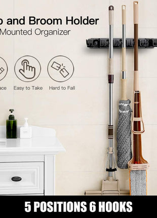 IMILLET 2 Pack Mop and Broom Holder, Wall Mounted Organizer Mop and Broom Storage Tool Rack with 5 Ball Slots and 6 Hooks (Black)