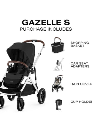 Cybex Gazelle S All-in-One Toddler and Baby Stroller with Over 20 Modular Configurations, Ergonomic Near-Flat Recline, Shopper Basket, and Compact Fold, Moon Black, Silver Frame