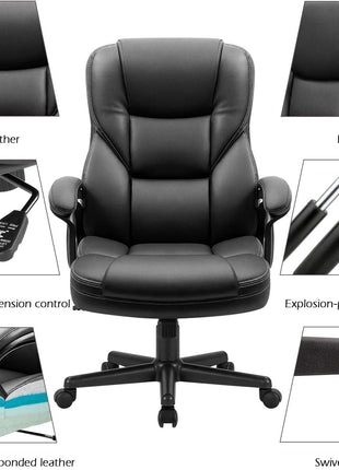 Furmax Office Executive Chair High Back Adjustable Managerial Home Desk Chair, Swivel Computer PU Leather Chair with Lumbar Support (Black)
