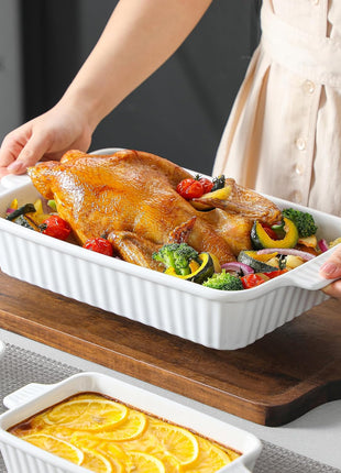 MALACASA Casserole Dishes for Oven, Ceramic Baking Dishes Set of 4, White | Rectangular Deep Lasagna Pans with Handles for Roasting Vegetable, Cake, Durable Bakeware, Wedding Gift(9.4/11.1/12.2/14.7")