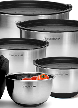 Priority Chef Premium Mixing Bowls With Lids Set, Airtight Lids, Thicker Stainless Steel Mixing Bowl Set, Large Prep Metal Bowls, Nesting Bowls for Kitchen, 1.5/2/3/4/5 Qrt, Black