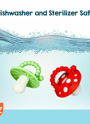 RaZbaby Soft Silicone Infant & Baby 3M+ Teether Toy Massaging Bristles Teething Relief Pacifier - Soothes Sore Gums - Hands-Free & Easy-to-Hold Chompy Teether, BPA Free (RED/Green)