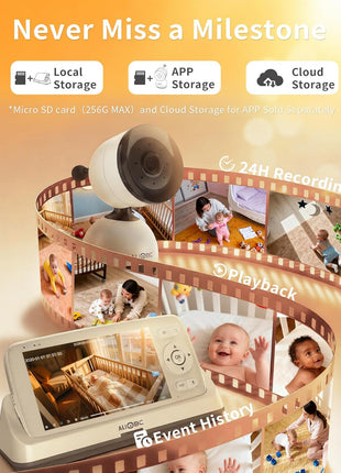 ALIOBC Baby Monitor with Camera and Audio WiFi & No-WiFi Modes AI Smart Baby Camera Cry Detection Night Vision 1080p FHD Camera and 5inch Large Screen Two-Way Talk 1000ft Range Easy Setup for New Parents