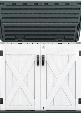 DWVO Outdoor Storage Shed, Weatherproof Resin, 35 Cu Ft Capacity, Horizontal Design, X-Shaped Lockable Door, Suitable for Bike, Garden Tools, Trash Cans, Light Gray