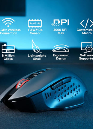 Redragon M656 Gainer Wireless Gaming Mouse, 4000 DPI 2.4Ghz Wireless Mouse w/ 5 DPI Levels, 7 Macro Buttons, Red LED Backlit & Pro Software/Drive Supported, for PC/Mac/Laptop