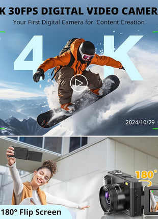4K Digital Camera for Photography Autofocus, 2026 Latest 48MP Vlogging Camera for YouTube with SD Card, 2 Batteries, 3" 180°Flip Screen Compact Travel Camera for Teens with 16X Zoom,Black
