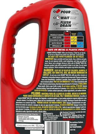 Drano Max Gel Drain Clog Remover and Cleaner for Shower or Sink Drains, Unclogs and Removes Hair, Soap Scum, Blockages, 32 oz