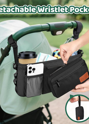 Guiseapue Universal Stroller Organizer with Cup Holder: Baby Essentials, Stroller Caddy Accessories with Detachable Phone Bag, Non-Slip Straps, Fits for Uppababy, Baby Jogger, New Moms Baby Gifts