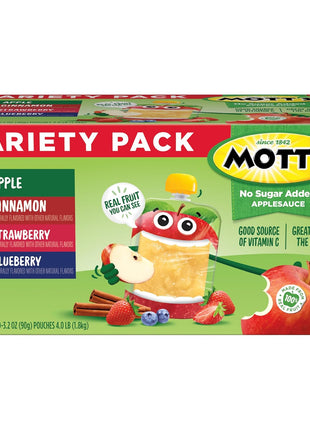 Mott's No Sugar Added Applesauce Variety Pack, 4 Flavors – Apple, Strawberry, Cinnamon & Blueberry, Made from Real Fruit, No Artificial Flavors, 3.2 Clear Pouches, 20 Pack