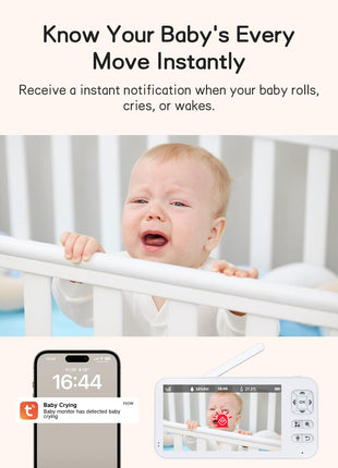 2K Smart WiFi Baby Monitor with Camera and Audio, 5inch Display, Smartphone App, Auto Tracking, Cry & Motion Detection, Temp & Humidity Sensor, HD Night Vision