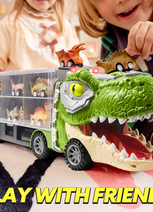 JOYIN 13 in 1 Dinosaur Toys for Kids 3-5, Transport Dinosaur Carrier Truck with 12 Pull Back Cars, Toddler Toys 3-4, Birthday Gifts for 3 4 5+ Year Old Boys