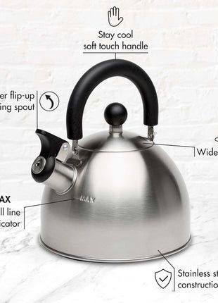 Primula Stewart Whistling Tea Kettle for Stovetop, Stainless Steel Stove Top Kettle with Fast Boil Whistling Spout and Cool Touch Folding Handle, 1.5-Quart, Brushed Silver with Black Handle