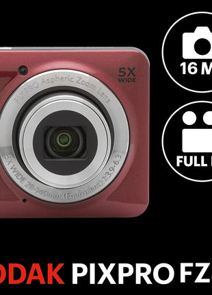 KODAK PIXPRO FZ55-RD 16MP Digital Camera 5X Optical Zoom 28mm Wide Angle 1080P Full HD Video 2.7 inch LCD Vlogging Camera (Red) Packaging May Vary
