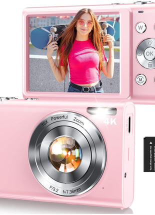 Digital Camera,Autofocus 4K Vlogging Camera for Photography with 32GB Card,48MP Portable Compact Point and Shoot Digital Camera for Teens Adult Beginner with 16X Zoom,Anti-Shake,2 Batteries(Pink)