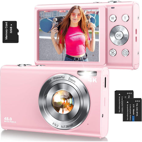 Digital Camera,Autofocus 4K Vlogging Camera for Photography with 32GB Card,48MP Portable Compact Point and Shoot Digital Camera for Teens Adult Beginner with 16X Zoom,Anti-Shake,2 Batteries(Pink)