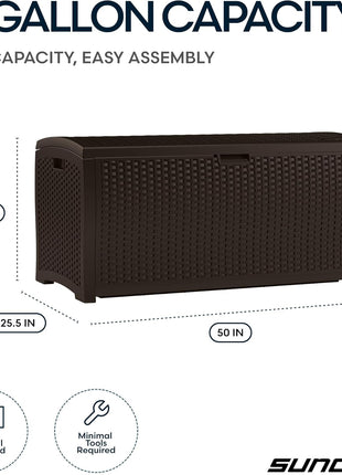 Suncast DBW9200 99 Gallon Outdoor Wicker Plastic Patio Storage Chest Bin with Handles for Patio, Garden, Garage, or Pool for All Weather, Mocha