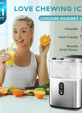 EUHOMY Nugget Ice Makers Countertop, Pebble Ice Maker Machine with 34lbs/24H Soft Ice, Self-Cleaning Sonic Ice Maker with Ice Scoop&Basket, Pellet Ice Maker for Home/Kitchen/Office(Stainless Steels)