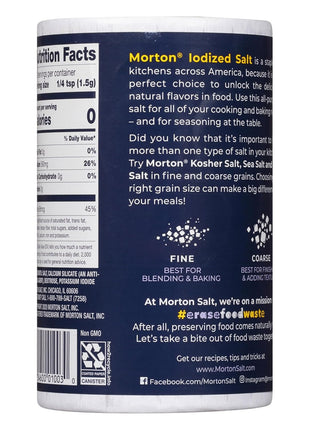 Morton Salt Iodized, All-Purpose Iodized Salt, 26 oz, 2-Pack | Table salt, a seasoning ingredient with no clumps and an easy-pour spout, a salt with iodine, perfect for cooking & table use