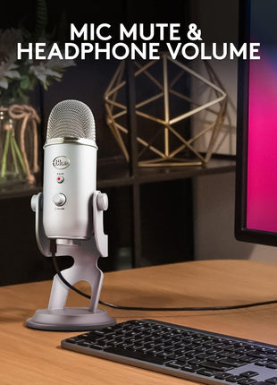 Logitech Creators Blue Yeti USB Microphone for PC, Mac, Gaming, Recording, Streaming, Podcasting, Studio and Computer Condenser Mic with Blue VO!CE Effects, 4 Pickup Patterns, Plug and Play - Silver