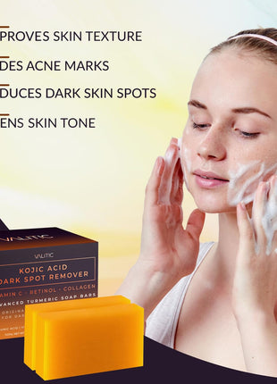 VALITIC Kojic Acid Dark Spot Remover Soap Bars with Vitamin C, Retinol, Collagen, Turmeric - Original Japanese Complex Infused with Hyaluronic Acid, Vitamin E, Shea Butter, Castile Olive Oil (2 Pack)