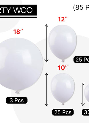 PartyWoo White Balloons 85 pcs Different Sizes Pack of 18 12 10 5 Inch Matte White Latex Balloon Arch Kit Garland for Wedding Bridal Graduation Baby Shower Birthday Party Decorations White Y13