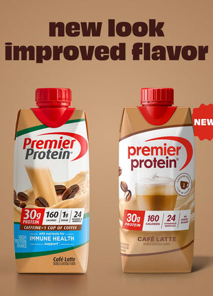 Premier Protein +Energy 30g High Protein Shake , Café Latte, 12 Pack | Caffeinated, 160 Calories, 24 Vitamins & Minerals, No Added Sugar, Supports Muscle Health, Gluten-Free, 11 oz