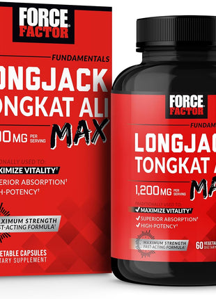 Force Factor Longjack Tongkat Ali Max, Male Stamina & Vitality Supplement | with Tongkat Ali Extract and Key Natural Ingredients for Superior Absorption, 1200mg, 60 Capsules