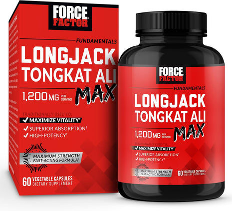 Force Factor Longjack Tongkat Ali Max, Male Stamina & Vitality Supplement | with Tongkat Ali Extract and Key Natural Ingredients for Superior Absorption, 1200mg, 60 Capsules