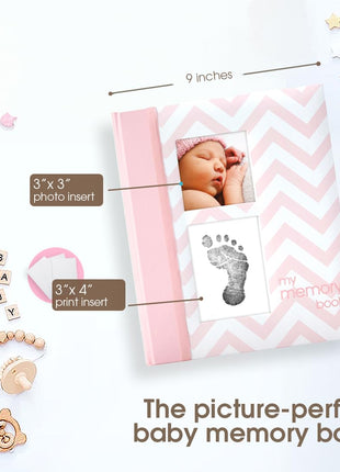 Pearhead Baby Memory Book, First 5 Years Baby Milestone Book, Pregnancy Journal, Gender Neutral Newborn Keepsake, With Clean-Touch Ink Pad For Baby's Handprint or Footprint, Pink Chevron