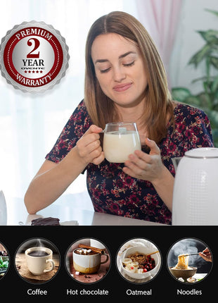 OVENTE 1.7L Double Wall Electric Tea Kettle, 1100W Power, White KD64W | Water Boiler with Cool-Touch Exterior, Stainless Steel Interior, Auto Shut-Off, Boil-Dry Protection & Locking Lid, Easy Clean