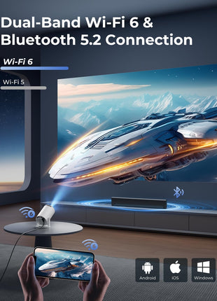 CLOKOWE Mini Projector with WiFi and Bluetooth, Built-in Apps, Smart Portable Projector with 180° Rotation, Auto Keystone, Support 1080P, Compatible with HDMI/USB/TV Stick/Smartphone/Laptop
