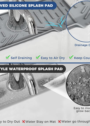 BFONS Silicone Faucet Handle Drip Catcher Drying Tray Mat Dish Soap Sponge Holder Accessories Gadgets for Kitchen Counter Bathroom Kitchen Sink Splash Guard -Grey