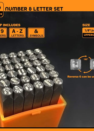 OWDEN Professional 36Pcs. Steel Metal Stamping Tool Set,(1/8 inch) 3mm,Steel Number and Letter Punch Set,Alloy Steel Made HRC 58-62 for Jewelry Craft Stamping.