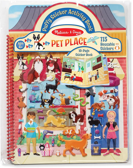 Melissa & Doug Pet Place Puffy Sticker Activity Book – 115 Reusable Stickers with 10 Background Scenes, Pet-Themed Mess Free Travel Toys for Kids Ages 4+ - FSC Certified
