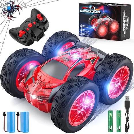 Remote Control Car for Kids, RC Stunt Cars Toys for Boys Ages 4-7 with Cool Double-Sided Pattern and LED Flash, 1:24 Vehicle Toy Car Hobby Racing Car Toys Gift for 3 4 5 6 7 8 9 Year Old Boys