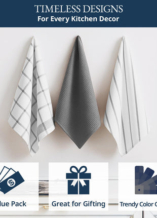 LANE LINEN Cotton Kitchen Towels and Dish Cloths Set, 6-Pack – Absorbent, Quick-Drying Dish Towel, 18" x 28", Soft, Premium Hand and Tea Towels - Grey