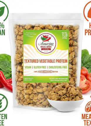 Textured Vegetable Protein (TVP), Unflavored, 1 lb. Bag, Natural Plant Based Vegan Protein Chunks, Non-GMO and Gluten Free Crumbles, Cholesterol Free by Amazing Chiles