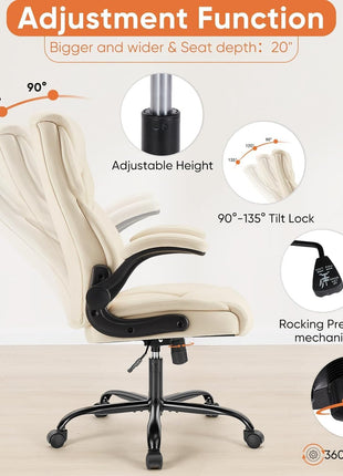 Sweetcrispy Ergonomic Computer Gaming Office Chair, Heavy Duty Task Desk Swivel Rolling Chairs with Wheels, Flip-up Arms, Adjustable Height, PU Leather, Black