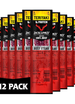 Jack Link's Beef Steak, Teriyaki - Protein Snacks, Meat Snack with 9g of Protein, Made with 100% Beef, Individually Wrapped Bulk Snack Pack, Keto Friendly - 1 Oz. (12 Count)
