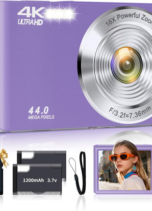 Digital Camera, FHD 4K Digital Camera for Kids Purple with 64GB SD Card 16X Digital Zoom, Cameras for Photography Compact Point and Shoot Camera for Teen Boys Girls Kids Autofocus Camera Digital
