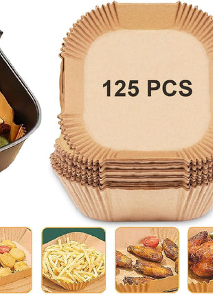 Air Fryer Paper Liners, 125PCS Non stick Disposable Liners, Baking Paper for Air Fryer Oil proof, Water proof, Food Grade Parchment for Baking Roasting Microwave (8inch Square)