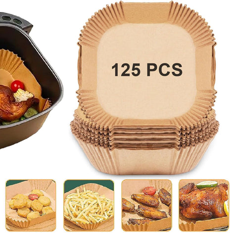 Air Fryer Paper Liners, 125PCS Non stick Disposable Liners, Baking Paper for Air Fryer Oil proof, Water proof, Food Grade Parchment for Baking Roasting Microwave (8inch Square)