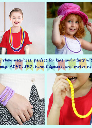 Sensory Chew Necklace for Boys and Girls, 6 Pack Stretch Chewing Necklaces for Kids with Autism ADHD SPD, Oral Motor Aids Baby Chew Toys Reduce Fidgeting for Kids Chewer (6)