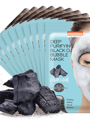 Purederm Charcoal Bubble Face Mask, Deep Cleansing and Purifying for Pore Minimizing and Detox, Korean Skincare for Combination and Oily Skin (10 Pack)